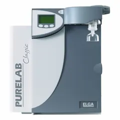 Benchtop water purification system producing Type I ultrapure water with 18.2 Megohm resistivity from a distilled feed source. Removes ions and particles at a flow rate of 2 lpm. Feed connection is 1/4" NPT. Suitable for sensitive laboratory applications requiring high-purity water.