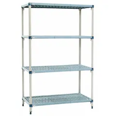 This stationary plastic shelving unit from METRO features a steel frame and four polymer shelves with antimicrobial resistance. The quick-adjust shelf adjustment allows for flexible spacing. With an overall height of 62 inches and shelf dimensions of 24 by 48 inches, it is suited for hygienic storage in environments requiring sanitation and corrosion resistance.