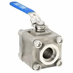 This vented ball valve features a stainless steel body and a polymer seat. It has a straight configuration with socket x socket connections and a locking lever handle. Used for on/off flow control in piping systems.