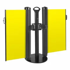 This retractable belt barrier system consists of a single post with a 38-inch height and an 11 1/2-foot yellow round-flat belt without pattern or legend. The mobile stand is used for crowd control and safety delineation, such as guiding pedestrian traffic or marking restricted areas in industrial environments.