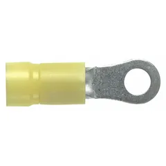 Yellow vinyl-insulated ring terminal for #8 stud size, accepting 12 AWG to 10 AWG wire. Rated 600 V. Used for secure electrical connections in control panels, junction boxes, motor terminations, and power distribution circuits.