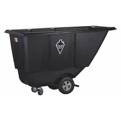 This general purpose plastic tilt truck has a 450 lb capacity and 13.5 cu ft volume. It measures 60 in L x 30 1/2 in W x 36 in H, is black, and has no handle. The truck features (2) axle-mounted casters/wheels and is used for moving bulk materials, waste, or parts in warehouses, factories, and distribution centers.