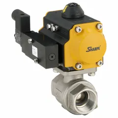 This pneumatically-actuated two-way ball valve features a stainless steel three-piece body with 1/4 in FNPT x FNPT connections. It is designed for on/off flow control of liquids and gases in industrial piping systems, suitable for corrosive environments and applications requiring inline maintenance. Pilot solenoid voltage is not included.