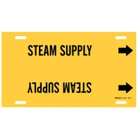 Strap-on pipe marker for identifying steam supply lines in industrial piping systems. Yellow background with black legend and directional arrows. Fits pipe outer diameters from 6 to 7-7/8 inches. Single marker included