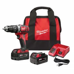 General-purpose cordless hammer drill with 1/2 in chuck and 5/8 in concrete capacity. Two-speed transmission allows drilling into wood, metal, and masonry. Includes two 1.5 Ah batteries. No carrying case.