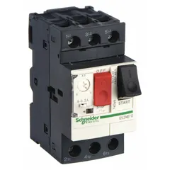 Non-reversing manual motor starter with integrated thermal overload protection. Rated 6.3 A, 3 poles, maximum voltage 690V AC. Push-button operation. 45mm frame width. Includes built-in thermal units, no separate overload relay required. Suitable for starting and protecting three-phase motors in industrial applications such as conveyors, pumps, and fans.
