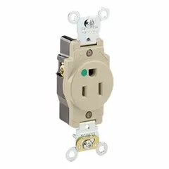 Single straight blade receptacle rated 125V AC and 15 A with NEMA 5-15R configuration. Ivory color. Suitable for general purpose use in commercial and industrial environments where a single outlet is required.