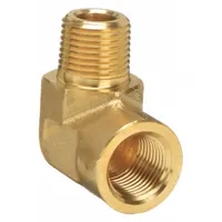 This 90° elbow is a threaded high-pressure pipe fitting with 1/2 in male NPT and 1/2 in female NPT connections. Rated for a maximum operating pressure of 2,500 psi, it is used to change flow direction in hydraulic or pneumatic systems