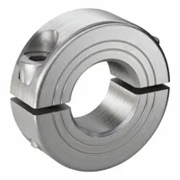 Metric, round, clamp-on shaft collar with 17 mm bore diameter and 13 mm collar width. Made of stainless steel for corrosion resistance. Used to secure components on shafts in power transmission applications such as conveyors and packaging equipment