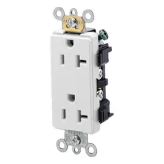 General purpose duplex receptacle rated 125V AC, 20A, with NEMA 5-20 configuration and 2-pole/3-wire design. White decorator style face. Suitable for powering standard loads in commercial and residential electrical installations.