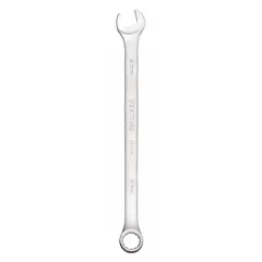 Alloy steel combination wrench with a satin finish. Features a 9 mm 12-point box end and an open end, with an offset design for improved access in confined spaces. Overall length of 5 7/8 inches. Suitable for tightening or loosening metric fasteners in automotive, machinery, and general maintenance tasks.