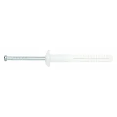 Nylon removable nail drive anchor with mushroom head and plain finish. 1/4-inch diameter, 3/4-inch overall length. Used for fastening fixtures, conduit, and equipment to concrete, block, or brick. Supplied in a 100-pack.