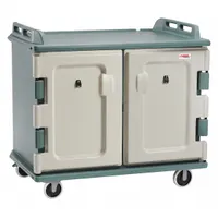 This non-pass-through meal delivery cart from CAMBRO is constructed of insulated polyethylene and features two doors. It holds up to 20 trays and is equipped with two rigid casters. NSF certified, the cart is suitable for transporting meals in foodservice settings