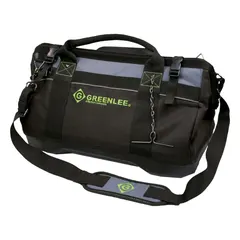 This GREENLEE tool bag is constructed from black polyester and features a wide-mouth opening for easy access. It includes 19 inside pockets for organizing hand tools, fasteners, and small parts. Suitable for job site use by electricians, technicians, and maintenance professionals.