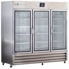 This 72 cu ft upright lab refrigerator maintains a temperature range of 1°C to 10°C for general purpose storage of temperature-sensitive materials. It features a white swing glass door, uses R-290 refrigerant, and includes a temperature alarm. Overall depth is 35 3/4 in.