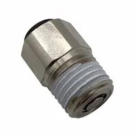 Nickel-plated brass tube fitting with 1/4" BSPT male thread and 8 mm push-to-connect port. Used to connect tubing to threaded ports in pneumatic and fluid systems. Silver finish
