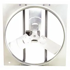 Standard direct-drive panel exhaust fan with a 30-inch blade, 3/4 hp motor, and 9,859 cfm airflow for general ventilation. Operates on 115/230V AC single-phase power with a totally enclosed air-over motor featuring Class B insulation. Galvanized steel frame with stamped construction, supplied assembled without intake guards. Suitable for removing heat, fumes, or stale air in industrial and commercial spaces.
