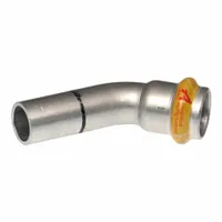 This APOLLO SmartPress fitting is a 90-degree elbow for gas piping systems, connecting 3/4 in pipe to 3/4 in pipe. It features a press-fit x FTG connection with HNBR sealing, suitable for natural gas or propane installations. The fitting is made of stainless steel and is part of the SmartPress series