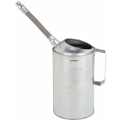 This measuring container has a 4-quart fluid capacity and a flexible pour spout for controlled dispensing. It measures 8 inches in diameter and 11 inches in height, with a silver finish. Suitable for transferring and measuring fluids in maintenance and workshop settings.
