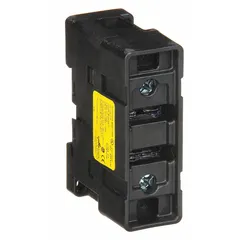Single-pole UL Class J fuse block rated 600 V AC. Features finger-safe design, box lug termination, and supports both DIN rail and panel mounting. Used in industrial control panels, motor protection circuits, and power distribution systems to hold and connect Class J fuses.