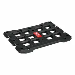 This polymer mounting plate in black is designed for attachment to rolling tool boxes. It includes metal reinforced tie-down points for securing equipment with straps during transport.