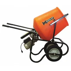 Corded concrete mixer with a 3 1/2 cu ft polyethylene drum and steel frame. Fixed speed operation at 115 V. Designed for mixing epoxy and grout materials in applications such as floor patching, anchor setting, and tile work.