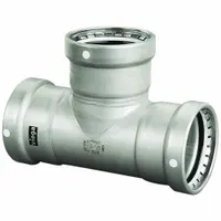 This stainless steel press fitting is used to create a branch connection in potable water piping systems. It features a 4-inch equal tee configuration and an FKM seal for leak-free joints. The press-connect installation method enables efficient assembly in commercial and industrial water supply lines