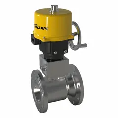Two-way ball valve with CF8M stainless steel body and 120V electric actuator featuring internally fused/automatic reset. Flange x flange connection with ISO 5211 actuator mounting pad. Used for on/off or regulating flow control in piping systems handling liquids or gases requiring remote or automated operation.
