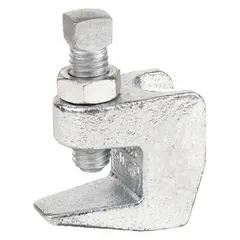 This C-clamp style beam clamp is designed to suspend threaded rod from steel beam flanges. It accommodates 1/2 in threaded rod, has a 3/4 in throat depth, and supports loads up to 500 lb. The clamp is made of galvanized ductile iron and includes a locknut. Installation torque is 125 in-lb.