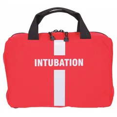 This intubation supply case is constructed from red Cordura Nylon. It measures 9 1/2 inches in overall width. Designed for organizing and transporting intubation equipment in medical or emergency settings.