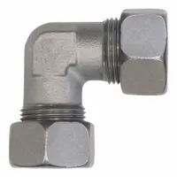 This flareless bite-type steel compression fitting from the D2500 series connects two 25 mm OD tubes at a 90° angle. It features M36X2.0 x M36X2.0 thread sizes and is constructed from steel. Suitable for hydraulic and pneumatic systems requiring leak-tight connections without flaring
