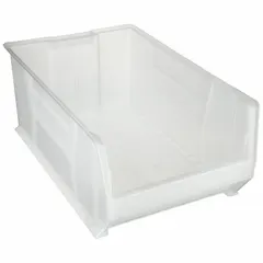 This stationary plastic hopper bin is designed for organizing and storing bulk parts, components, or inventory in industrial environments. Its clear construction allows quick visual identification of contents. The bin is stacking capable, enabling vertical storage to optimize space.