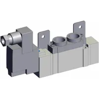 Single solenoid, five-way/two-position directional control valve from the SY7000 Series. Operates on 24V DC with 5 ports. Features a DIN solenoid connector, internal pilot, and non-locking manual override. Used to control pneumatic actuators in industrial automation systems