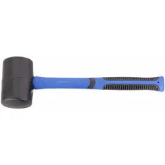 This rubber mallet features a 2 lb black rubber head with a 3 in diameter and 5 3/16 in head length. The fiberglass handle provides a 16 in overall length. Suitable for striking surfaces without marring, such as assembling furniture, forming sheet metal, or tapping chisels.