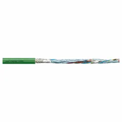 This servo motor feedback cable features a green PUR jacket and a 50 V rating. Conductor grouping consists of one pair of 24 AWG and five 20 AWG conductors, with no ground included. Minimum bend radius factor is 8 x OD for fixed installation and 12 x OD for flexible use. Sold by the foot, it is suitable for transmitting signals between servo drives and motors in industrial automation applications.