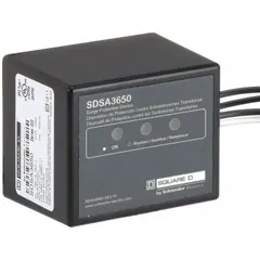 Three-phase surge protective device with plastic enclosure for external mounting via chase nipple. Rated 347/600V AC Wye, max. continuing operating voltage 510 V AC, voltage protection rating 3000V (L-L) and 1800V (L-N). Provides 40kA max. surge current per mode. Used in panelboards, switchgear, and motor control centers to protect against voltage transients.