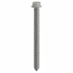 This concrete screw anchor has a 1/4 in diameter and 2 3/4 in overall length, with an external hex head made from 410 stainless steel. It is removable and comes in a 100-pack. Suitable for fastening into concrete, block, or brick in construction and industrial applications.
