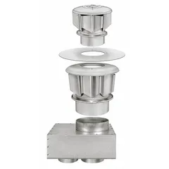 This steel venting accessory is designed for gas unit heaters, featuring a concentric Y configuration that combines intake and vent functions in a single surface-mounted assembly. The kit includes sealant for installation. Typical applications include commercial and industrial heating systems requiring combustion air intake and exhaust venting.