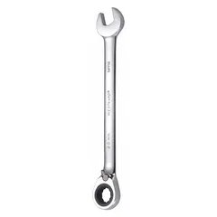 This metric 12-point ratcheting combination wrench features a 20 mm head size and an offset design for accessing recessed fasteners. Constructed from alloy steel with a chrome finish, it has an overall length of 11 3/8 inches. The ratcheting action enables faster fastener turning in confined spaces, suitable for general mechanical and assembly tasks.