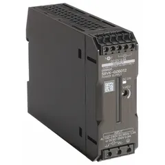 Single-phase DIN Rail mount DC power supply with plastic housing. Accepts 100 to 240 V AC input and delivers 60 W rated output power at 4.5 A. Used in industrial control panels, automation systems, and machinery to power sensors, relays, and PLCs.