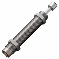 Steel industrial shock absorber with 9.8 N force rating. Used to decelerate moving loads and absorb kinetic energy in automation, packaging, and material handling equipment