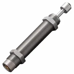 Steel industrial shock absorber with 9.8 N force rating. Used to decelerate moving loads and absorb kinetic energy in automation, packaging, and material handling equipment.