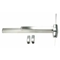 Surface vertical rod exit device with touchbar and thumbpiece pull, constructed from stainless steel. Designed for doors up to 3 ft wide. Suitable for emergency egress in commercial and industrial settings