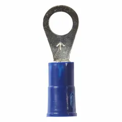 Vinyl-insulated ring terminal for #10 stud size, rated 1000 V. Accepts 16 AWG to 14 AWG wire. Used for secure electrical connections in control panels, motor connections, and general wiring applications.