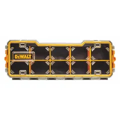 Plastic small parts compartmented box with adjustable dividers. Features 10 compartments and a snap closure. Color is black/yellow. Not electrostatic discharge conductive. Suitable for organizing and storing hardware such as screws, nuts, and bolts in workshops or job sites.