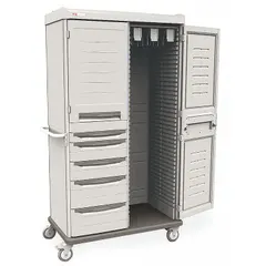 This antimicrobial mobile cabinet is designed for organized catheter storage in healthcare settings. It features two doors, five drawers, and three shelves, providing ample space for supplies. The taupe finish and mobility support efficient workflow in hospitals or clinics.