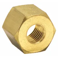 Brass compression fitting nut for 4 mm OD tubing. Overall length 11 mm. Supplied in a 50-piece pack. Used in pneumatic or fluid-handling systems to create leak-tight connections by compressing a sleeve onto the tube