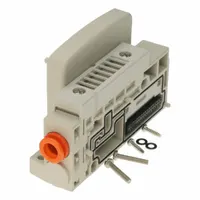 Manifold base for pneumatic valve systems, supporting up to 5 valve stations. Operates in temperature range -10°C to 50°C and pressure range -100 kPa to 0.7 kPa. Used to consolidate solenoid valves in industrial automation, simplifying piping and reducing leak points