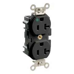 Duplex straight blade receptacle with NEMA 5-20R configuration. Rated 125V AC and 20 A. Black finish. Suitable for general-purpose power distribution in commercial and institutional settings where hospital-grade durability is specified.