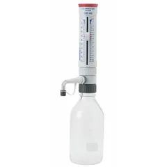 Bottle top dispenser for precise liquid dispensing from laboratory bottles. Adjustable volume range from 10 mL to 100 mL with accuracy of +/-1.1%. Directly mounts on standard bottles for repeatable transfer of reagents, solvents, and other liquids.